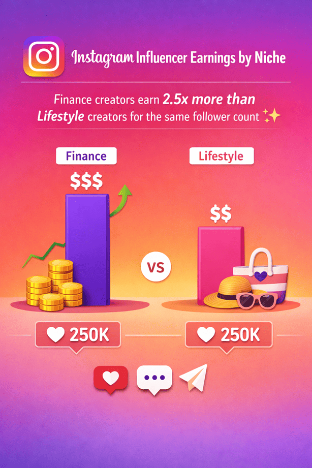 Instagram influencer earnings by niche — Finance creators earn 2.5x more than Lifestyle creators for the same follower count
