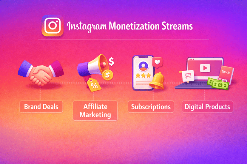 Instagram monetization streams — brand deals, affiliate marketing, subscriptions, and digital products