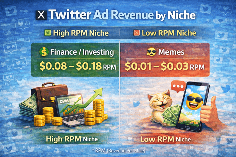 X Twitter ad revenue by niche — Finance at $0.08-$0.18 RPM versus Memes at $0.01-$0.03 RPM
