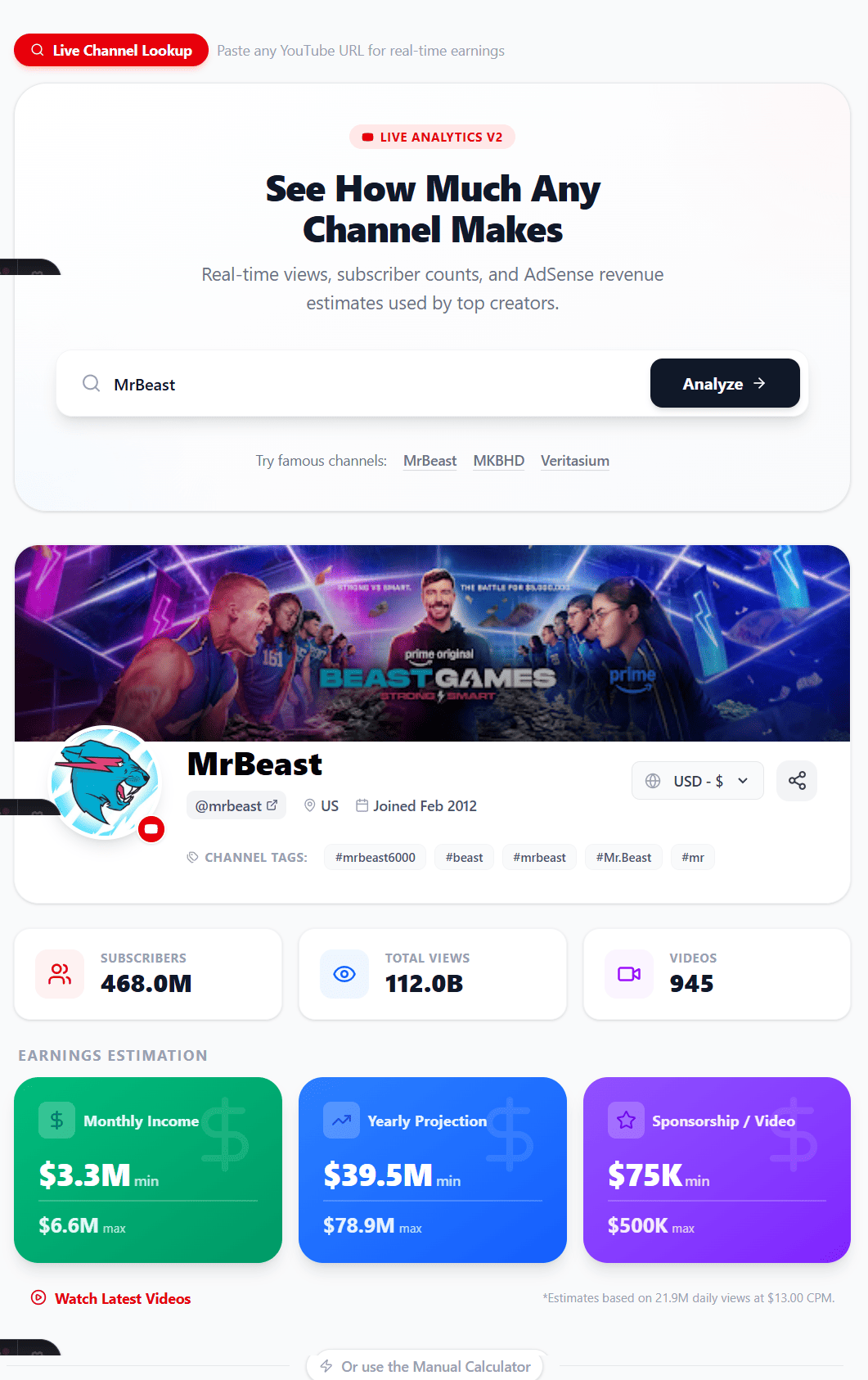 InsyFeed Live Channel Lookup — real-time earnings for any YouTube channel
