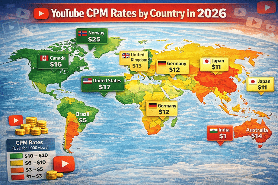 YouTube CPM rates by country in 2026 — Norway leads at $43.15, India at $3.20