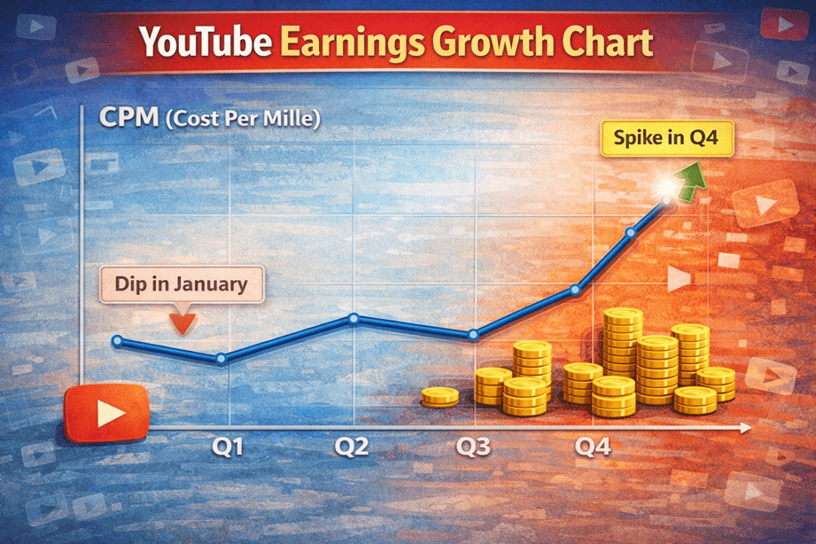 YouTube CPM seasonality chart — Q4 earns 30–50% more than Q1
