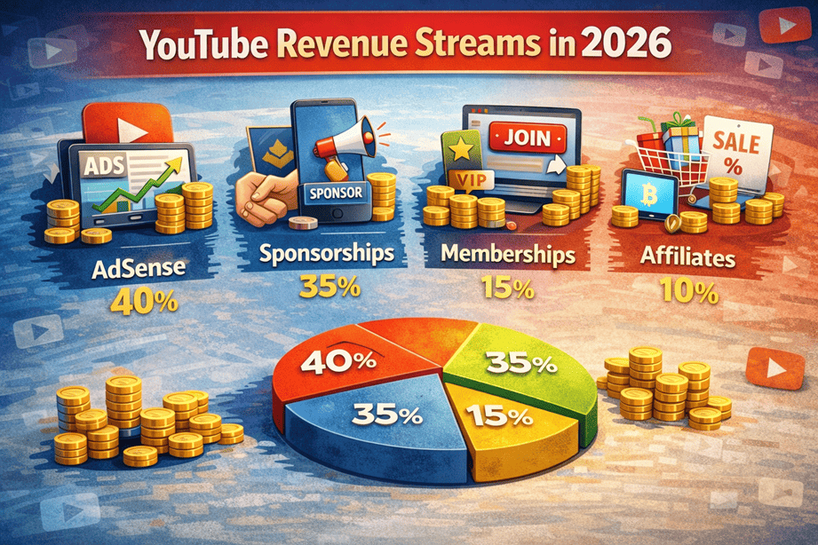 YouTube revenue streams breakdown — AdSense, sponsorships, memberships, affiliates, and course sales