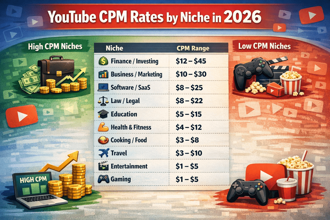 YouTube CPM rates by niche — Finance earns up to 11x more than Gaming